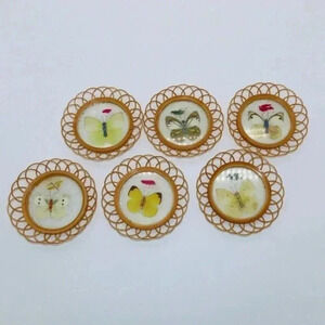 Vintage Pressed Butterfly Coasters Wicker MCM Set Of 6